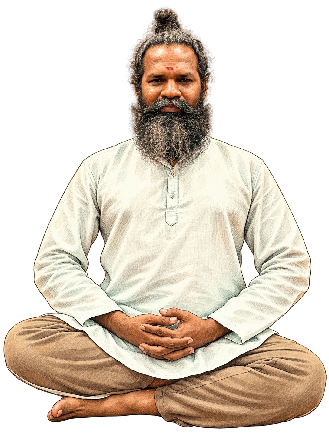 Drawing of Master Manickam seated cross-legged, based on his supplied photograph