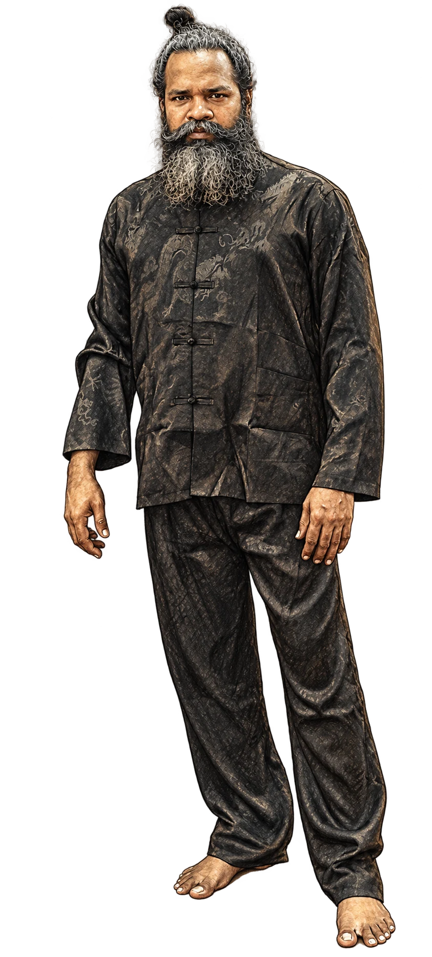 Drawing of Master Manickam standing in his black training uniform